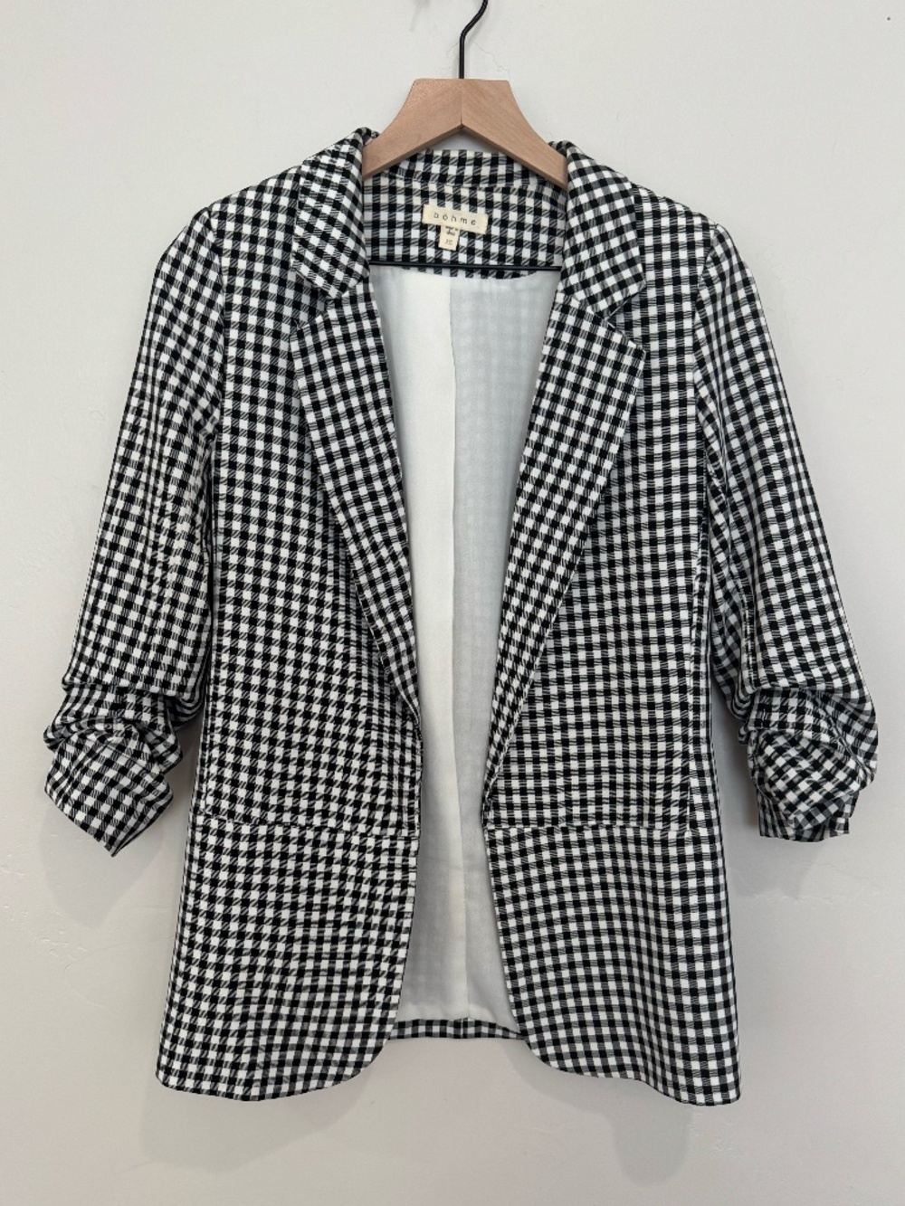 Bohme Black and White Gingham Blazer Size XS Ruched Sleeves Office‎ Career Wear